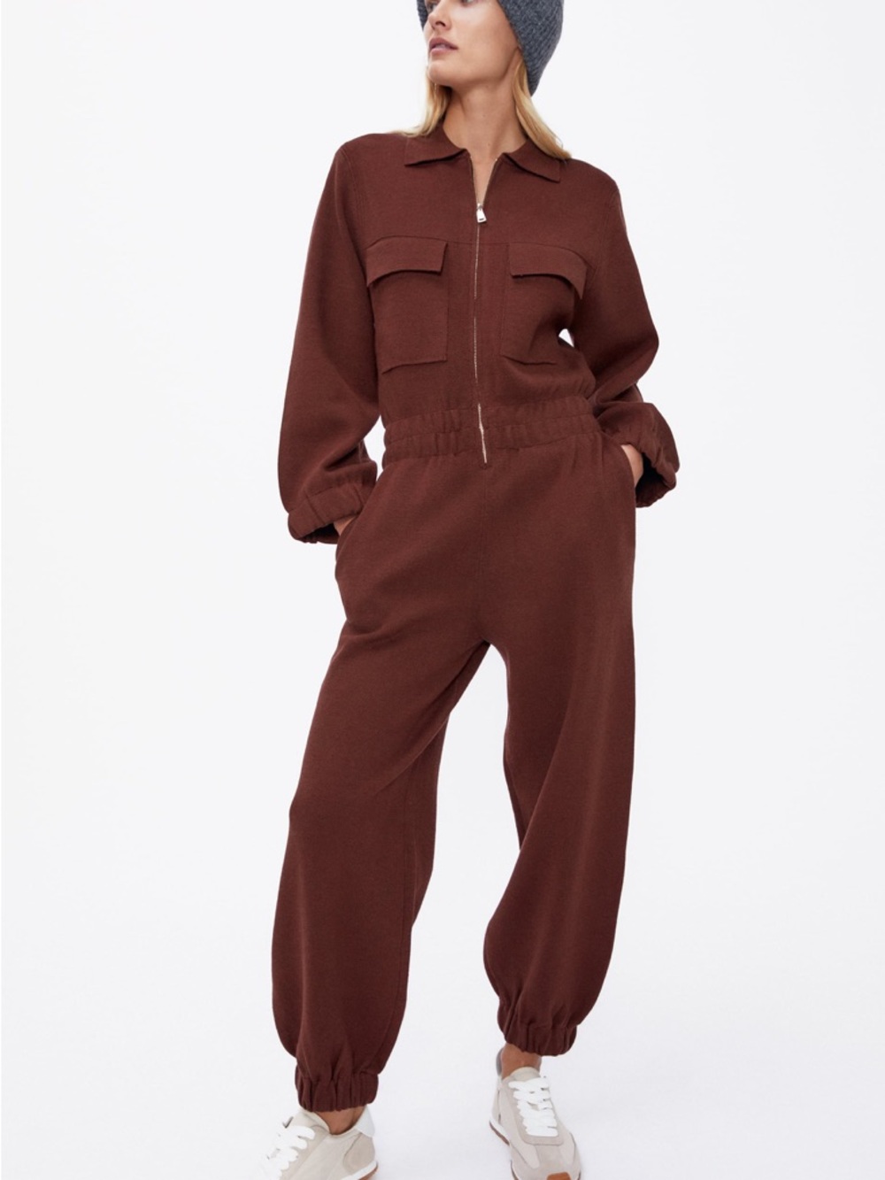 Zara Brown Zip-Front Jumpsuit